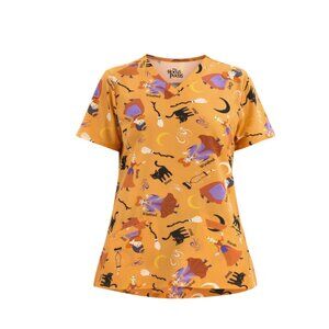 Hocus Pocus Women’s Graphic Scrub Top V-Neck Halloween Witch Print